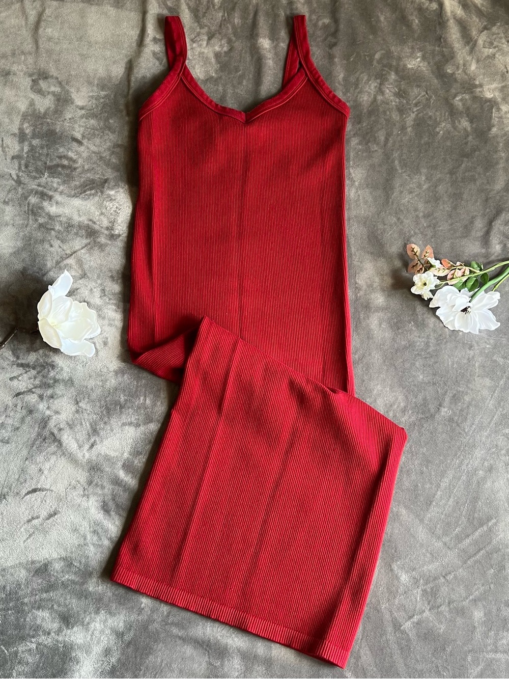 Forever 21 Red Ribbed Sleeveless Knit Jumpsuit